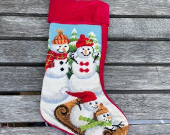 Vintage Weihnachtswolle Nadelspitze handgemachter Strumpf, Feiertags-Strumpf-Schneemann-Strumpf