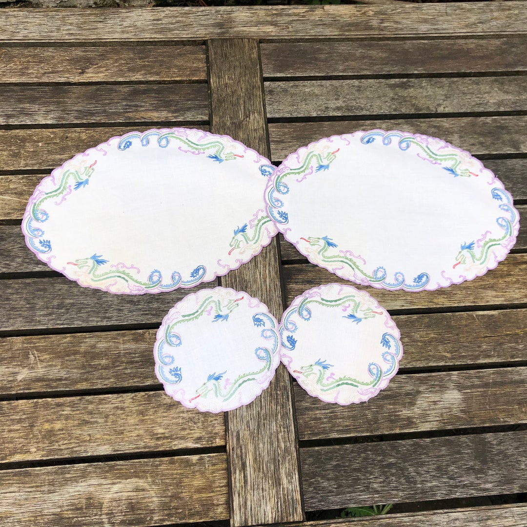 Set of 3 Vintage Hand Embroidered Linens Dressing Table Mats Oriental