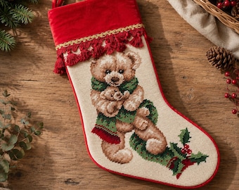 Calcetín navideño vintage de lana bordado a mano, calcetín navideño con osito CSNo4