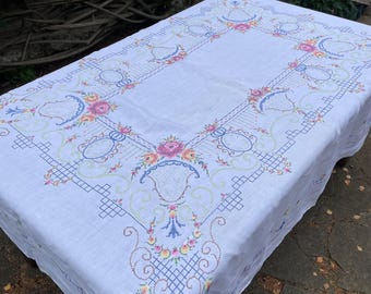 ヴィンテージ長方形クロスステッチテーブルクロスハンドメイドリネン