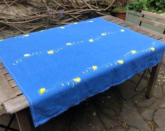 Schöne Vintage Bestickte Leinen Tischdecke Handgemachte Blumenmuster Tea Party Blau