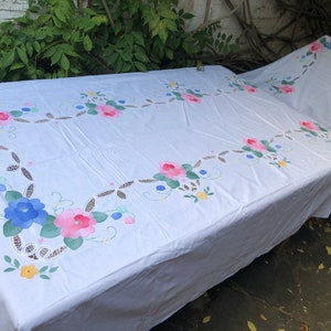 Vintage Handmade Flower Appliqué Tablecloth Rectangle Embroidered Tablecloth Extra Long 300cm Wedding Banquet