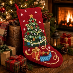 Christmas Wool Needlepoint Handmade Stocking, Holiday Stocking Christmas Stocking  CSNO6