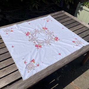 Vintage Handmade Cross Stitches  Embroidered Corchet details Hand-Made Floral tablecloth Tea party