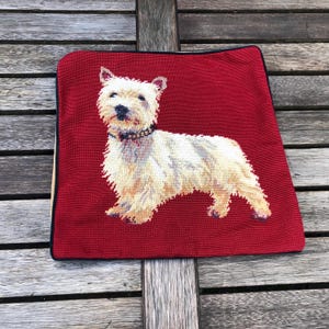 Vintage Wool Needlepoint Hand Made Cushion Cover Yorkshire Terrier Pattern Christmas gift