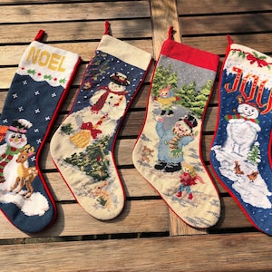 Vintage Christmas Wool Needlepoint Stocking, Holiday Stocking Snowman NOEL Stocking