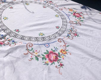 Stunning Vintage Handmade Embroidered Cross Stitch Tablecloth Rose Flower Crochet Details CS31