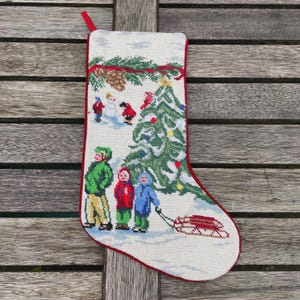 Vintage Christmas wool needlepoint handmade stocking, holiday stocking bear snowmen stocking out for sledge