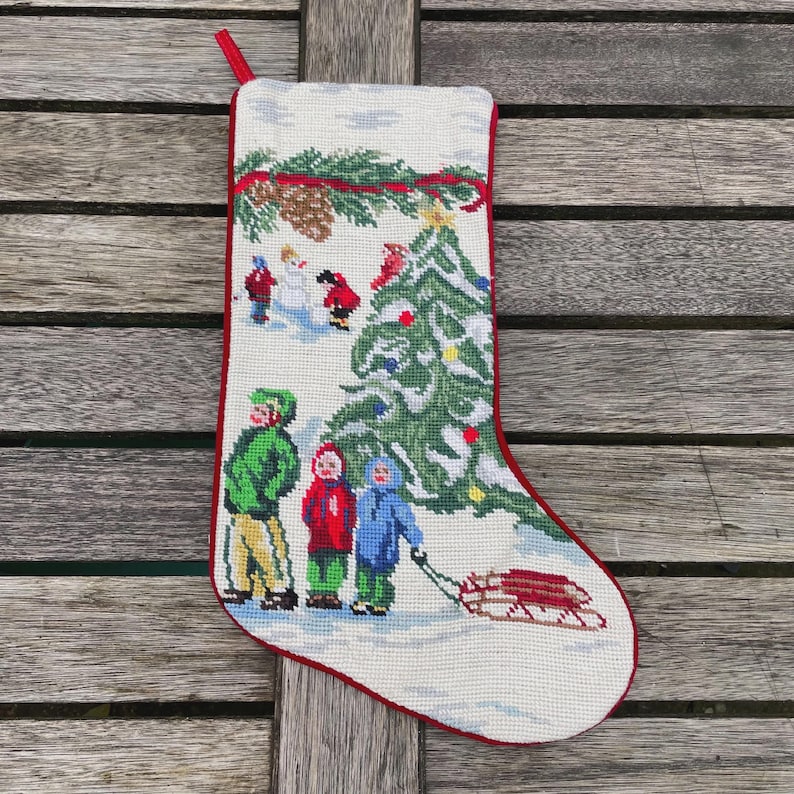 Vintage Christmas wool needlepoint handmade stocking, holiday stocking bear snowmen stocking out for sledge