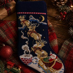 May include: A dark blue needlepoint Christmas stocking featuring a cross-stitched scene of Santa Claus in a sleigh pulled by reindeer flying over a brick chimney with smoke rising into a night sky with a yellow crescent moon and stars.