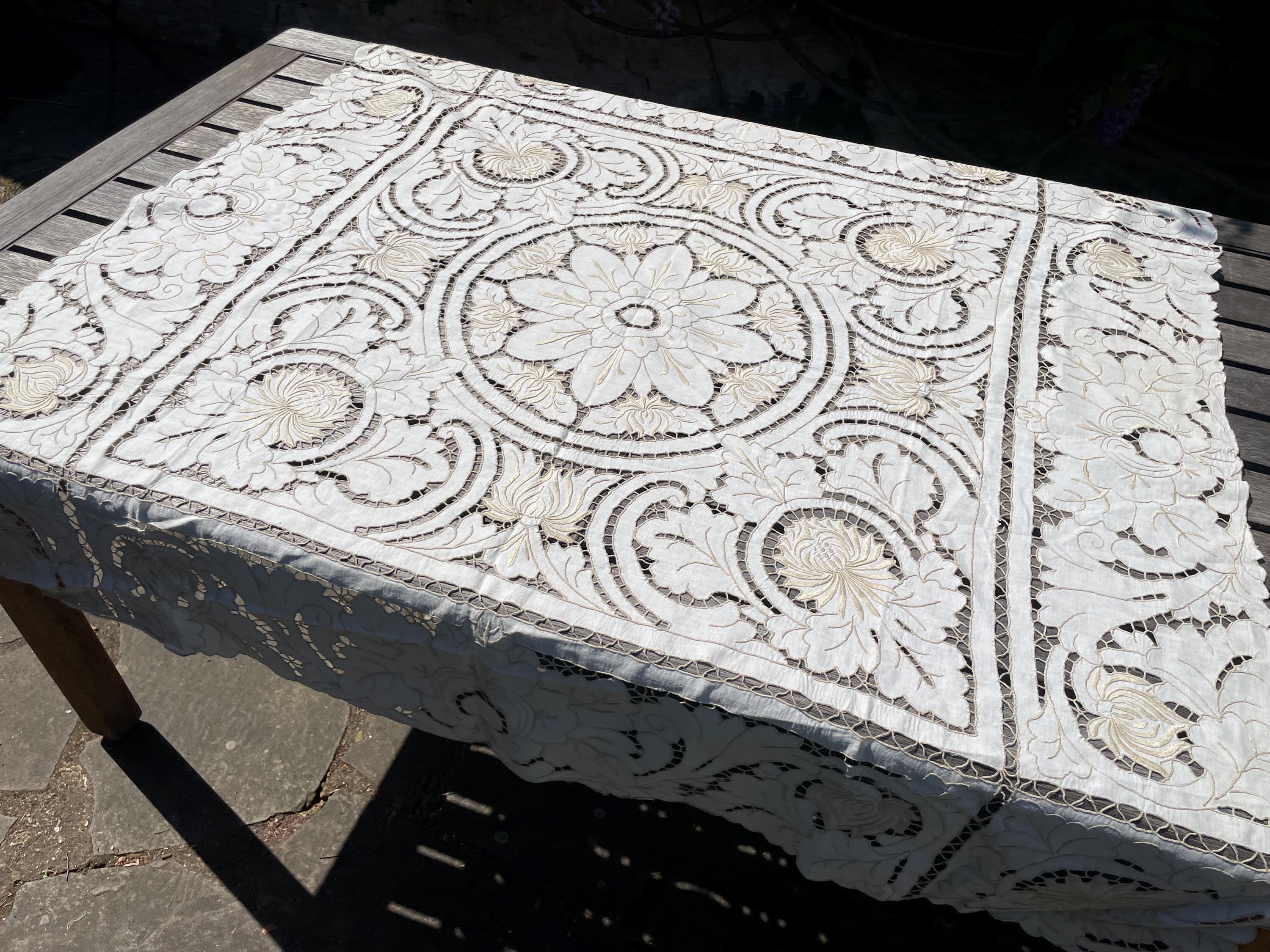 ヴィンテージの手刺繍カットワークテーブルクロス（ティーパーティー用