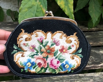 Vintage floral needlework petit point coin purse tapestry evening purse