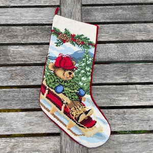 Vintage Christmas wool needlepoint handmade stocking, holiday stocking bear snowmen stocking bear on sledge