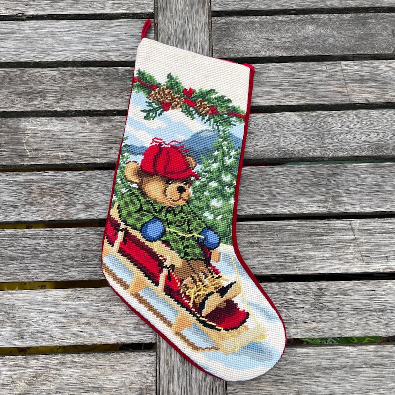 Vintage Christmas wool needlepoint handmade stocking, holiday stocking bear snowmen stocking bear on sledge