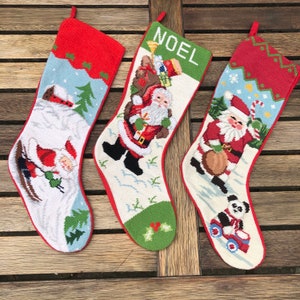 Calza natalizia vintage in lana fatta a mano con punto croce, calza natalizia, calza di Babbo Natale