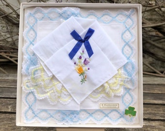 Vintage Boxed Irish Handkerchiefs Hand Embroidered, Set Of Three New in box, Wedding gift, Mother’s Day Gift