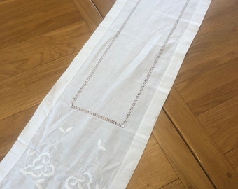 Vintage Drawn Thread work Handmade Embroidered Whitework Tablecloth Linen Table-runner Pulled Thread Work White Cotton