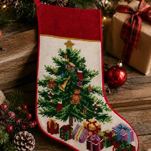 Peut inclure: Une chaussette de Noël avec un motif en point de croix représentant un sapin vert décoré d'une étoile dorée, entouré de cadeaux emballés à sa base, sur un fond crème avec un revers rouge uni et une bordure rouge.