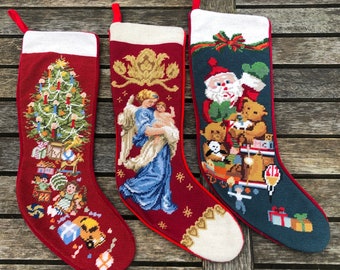 Vintage Christmas Wool Needlepoint Handmade Stocking, Holiday Stocking Santa Angel Christmas Stocking