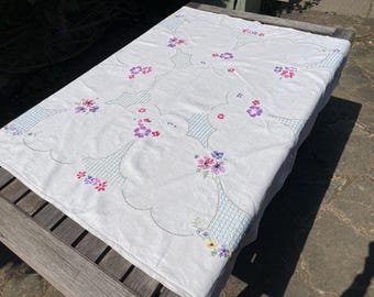 Vintage Hand-Embroidered Cross-Stitch Tablecloth Handmade Linen in Beige with Flower Design, Perfect for Tea Parties