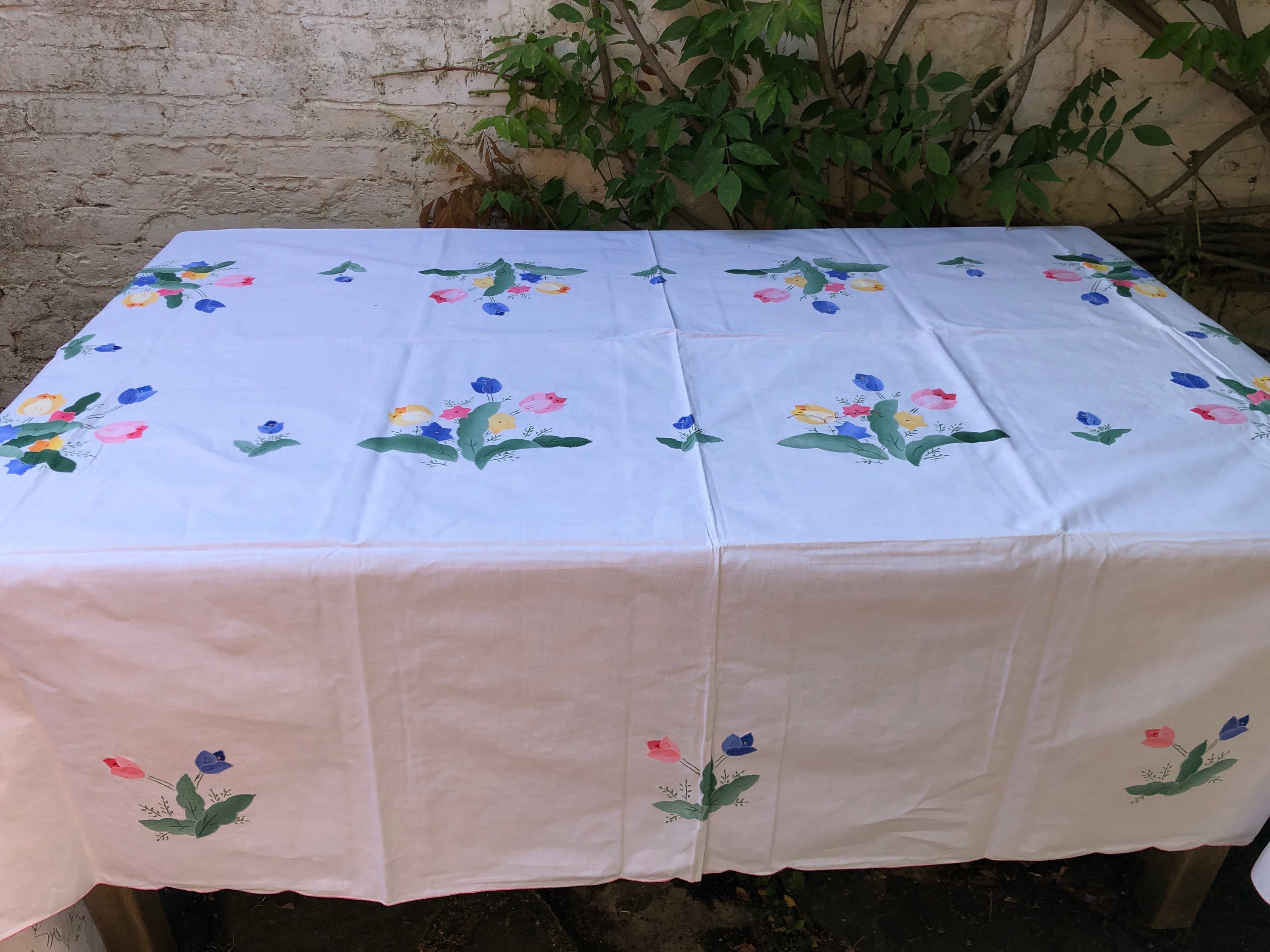 Vintage Handmade Large Flower Appliqué Tablecloth Rectangle Etsy