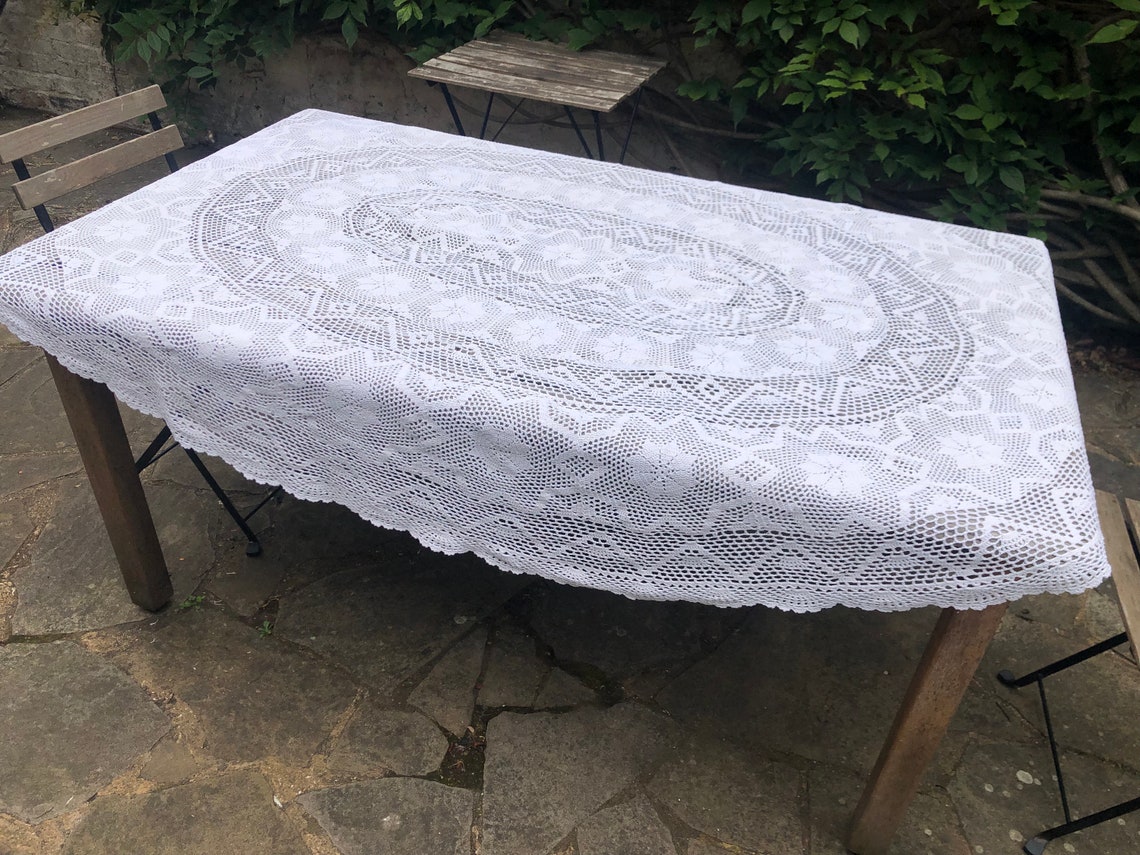 VINTAGE CROCHET Cotton Lace Tablecloth Table Covering Cream Oval Etsy
