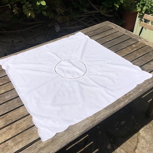 Vintage hand embroidery linen tablecloth crochet detailed white