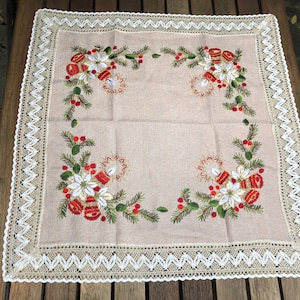 Beautiful Christmas Vintage Hand Embroidered Tablecloth Candle Design