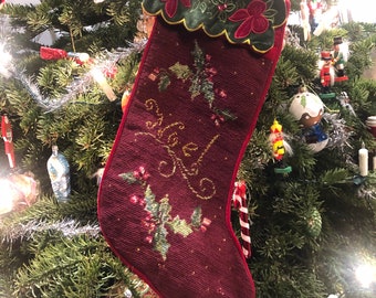 Vintage Christmas Wool Needlepoint Handmade Stockings, Holiday Stocking NOEL
