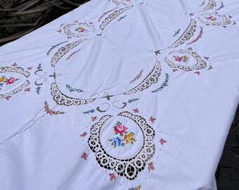 ヴィンテージリネン刺繍花柄装飾テーブルクロス - Etsy 日本