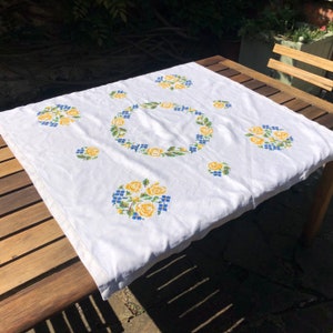 Vintage Hand Embroidered Cross Stitch Hand Made Tablecloth Flower Tea Party Linen