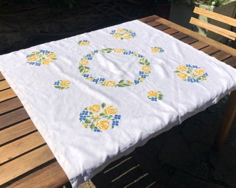Vintage Hand Embroidered Cross Stitch Hand Made Tablecloth Flower Tea Party Linen