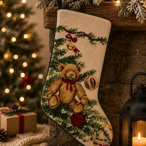May include: A beige Christmas stocking featuring a needlepoint design of a brown teddy bear sitting among green pine branches. The stocking is decorated with a red bow, a small bell, and colourful ornaments, finished with a dark green fabric trim.