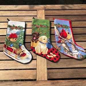 Vintage handgemaakte kerstwol borduursok, vakantiesok Lombardo hondensok