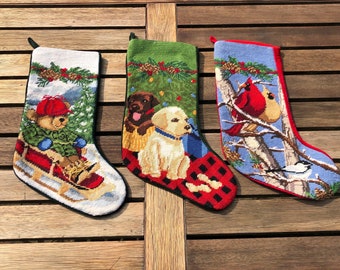 Vintage Christmas Wool Needlepoint Handmade Stocking, Holiday Stocking Lombardo dog Stocking