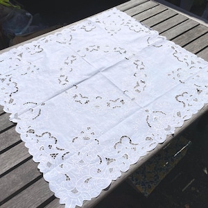 Vintage hand-made Embroidery Table linen tablecloth white