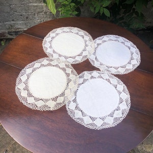 Vintage set of 4 hand-made linen lace dressing table mats linens lace edge