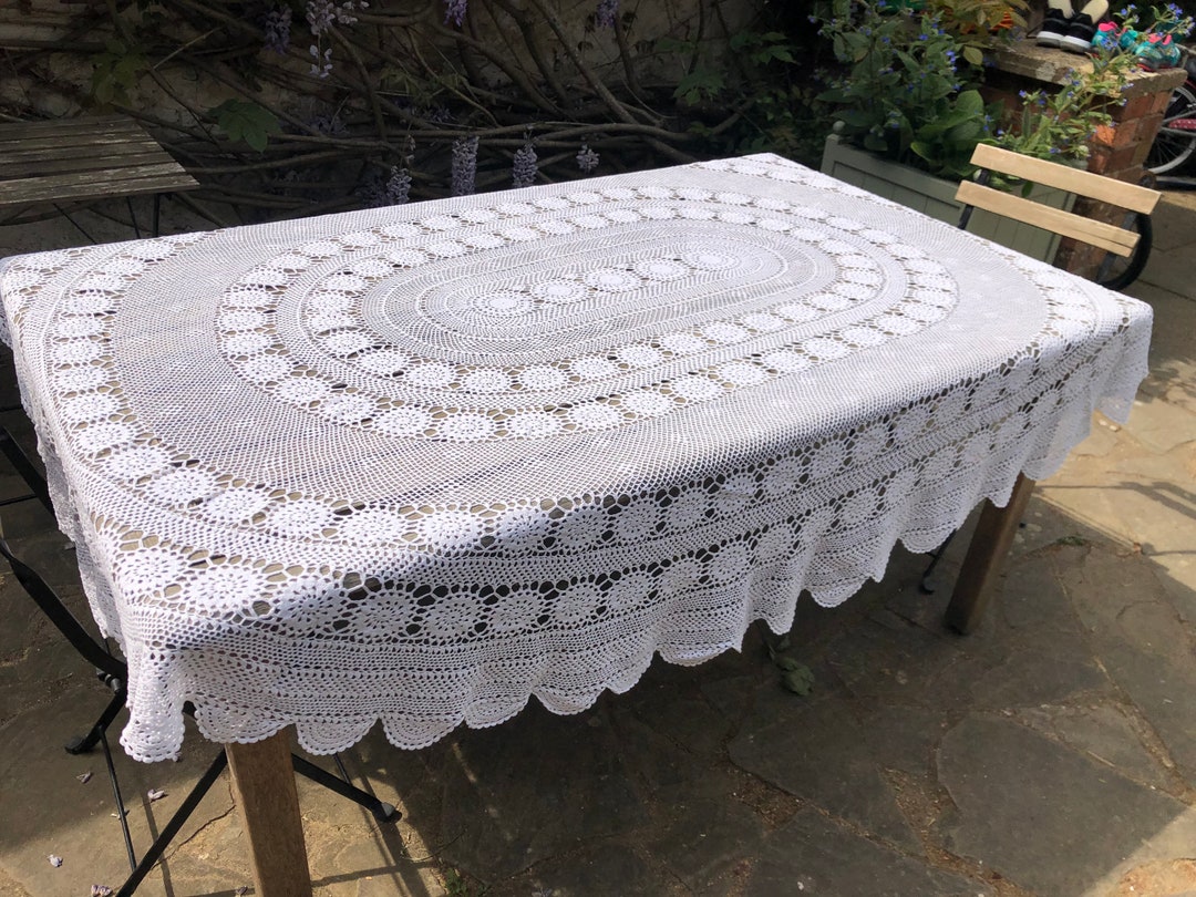 VINTAGE CROCHET Cotton Lace Tablecloth Table Covering White Etsy