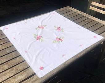 Vintage Hand Embroidered Cross Stitch Tablecloth Flower Tablemat Vintage Tea Party
