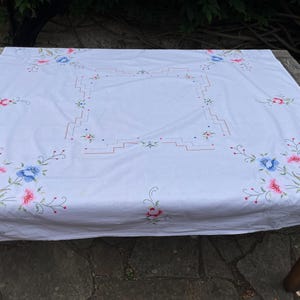 Vintage Hand Embroidered Cross Stitch Flower Tablemat Hand Made Tablecloth White