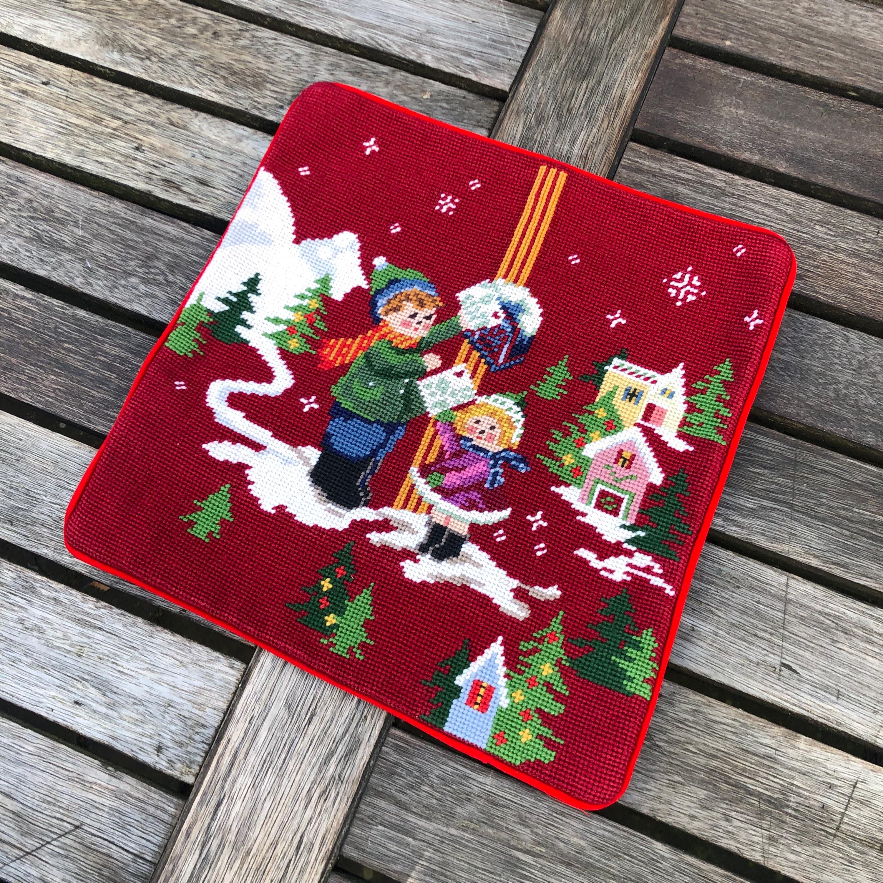 ヴィンテージ クリスマス ニードルポイント ハンドメイド クッション 