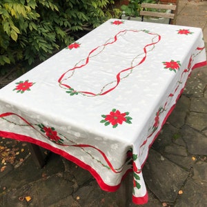 Beautiful Vintage Holly and Poinsettia Print Tablecloth Oblong Christmas Gift