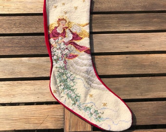 Vintage Christmas Wool Needlepoint Stocking, Holiday Stocking Angel Stocking