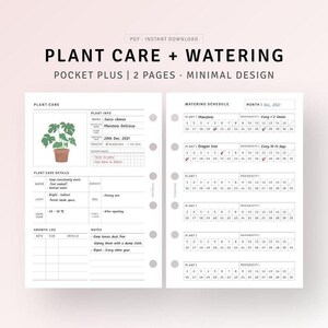 Pode incluir: Um planejador imprimível para cuidados com plantas e rega com um design minimalista. O planejador inclui seções para detalhes de cuidados com plantas, um registro de crescimento, notas e um calendário de rega mensal. O planejador apresenta uma ilustração desenhada à mão de uma planta Monstera Deliciosa.