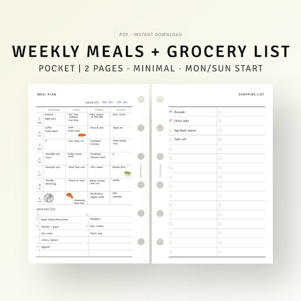 Printable Meal Planner with Grocery List Pocket Size Inserts, Weekly Meal Tracker, To Buy List, Wellness Planner, Daily Meal Prep, Food Log