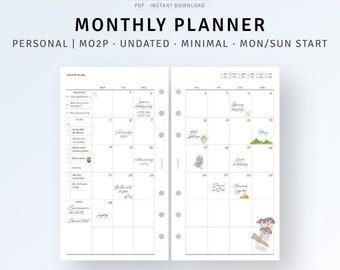 May include: A printable monthly planner with a minimalist design. The planner is undated and has a Monday/Sunday start. The planner has a grid layout with space for notes and appointments. The planner is decorated with small illustrations of plants and flowers.