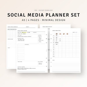 May include: A printable social media planner set in A5 size with four pages. The planner includes sections for scheduling social media posts, tracking social media stats, and managing social media accounts. The planner has a minimalist design with a white background and black text.