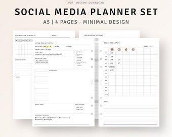 Social Media Planner A5 Inserts Printable Instagram Content Blog Post Planner, Follower Stats Tracker, YouTube Template, Digital Download