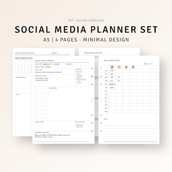 Social Media Planner A5 Inserts Printable Instagram Content Planner Pdf, Follower Stats Tracker, YouTube Template Sheet, Blog Post Planner