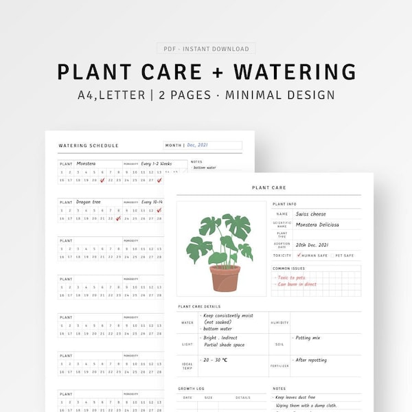 Journal d'entretien des plantes A4, format lettre imprimable, calendrier d'arrosage des plantes, agenda pour plantes d'intérieur, modèle de journal de jardin pour plantes d'intérieur